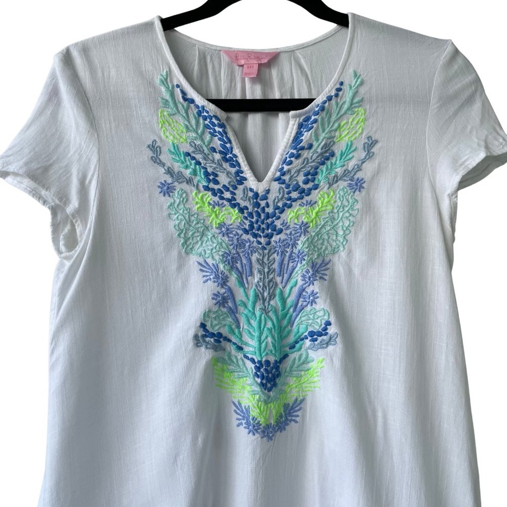 Lilly Pulitzer Sea Ave Top with embroidery tunic white and blue XXS